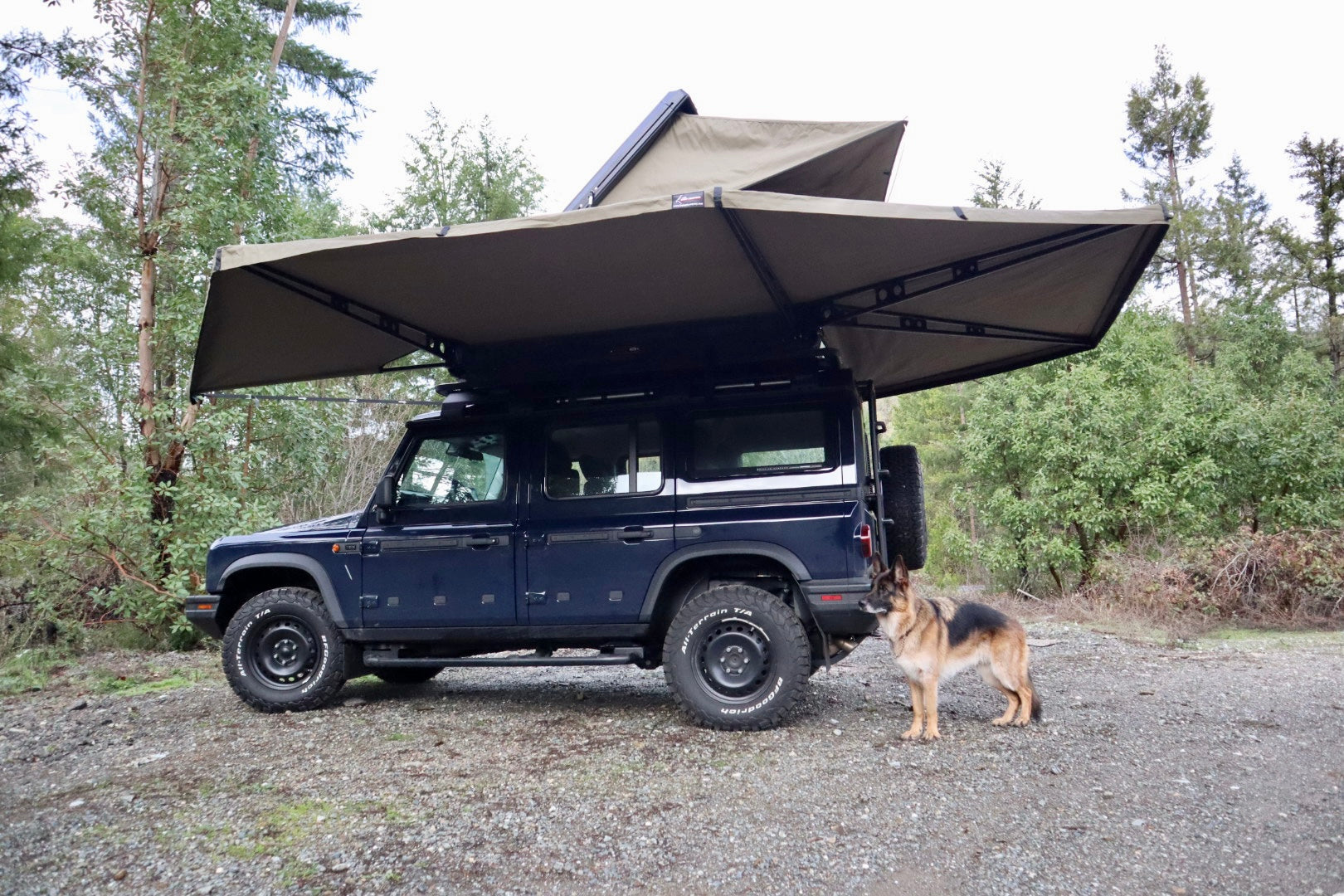 Ineos Grenadier with The Bush Company Roof Top Tent and Awning.