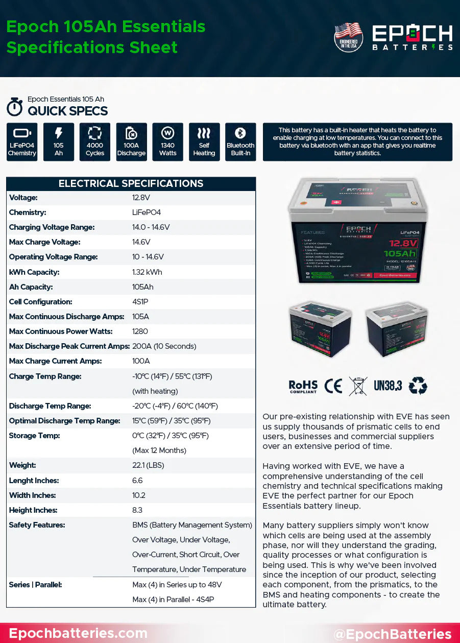 12V 105AH - GROUP 24 - HEATED & BLUETOOTH LIFEPO4 BATTERY